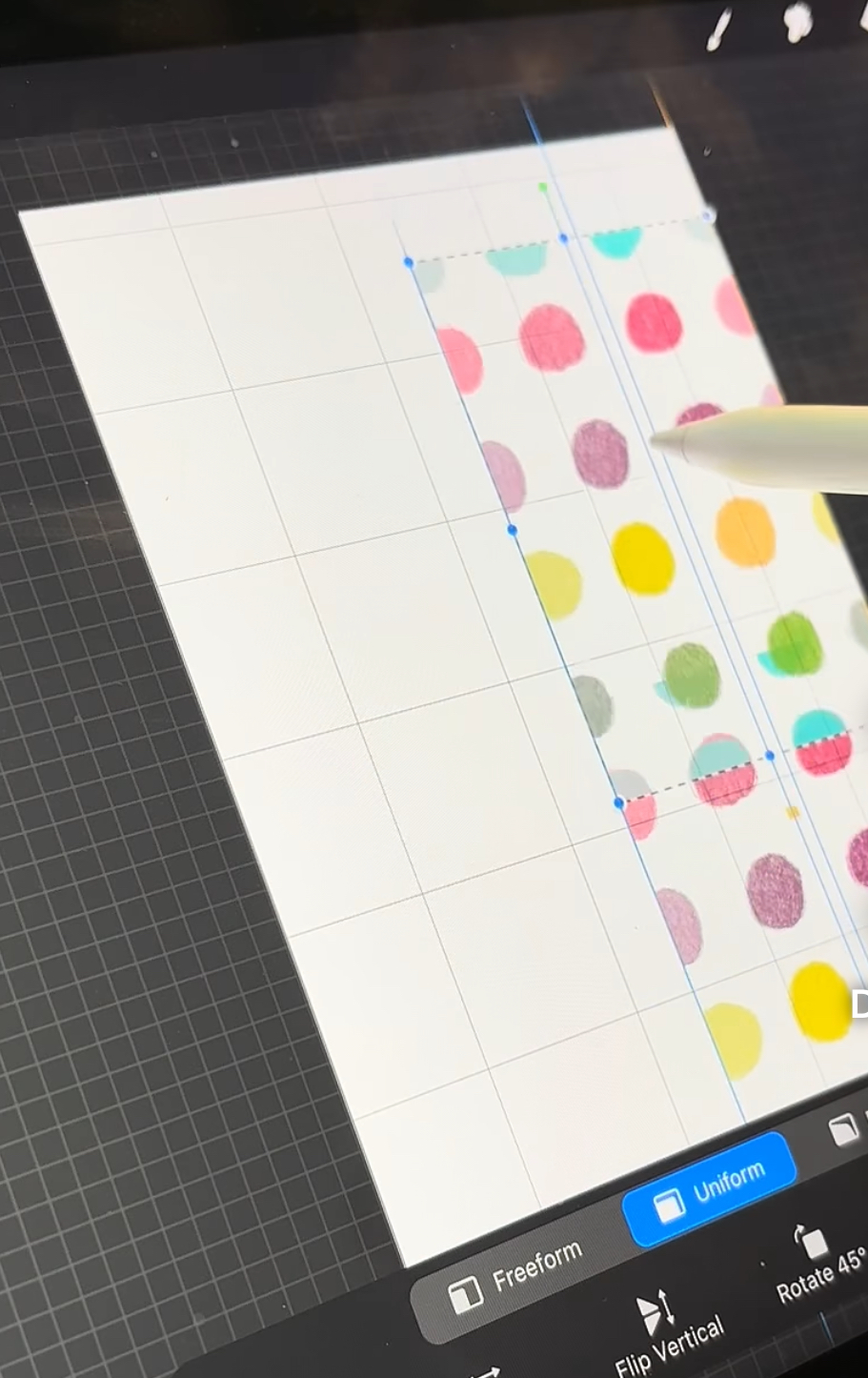 Showing the Screen as I move the Rainbow Dots Pattern into place